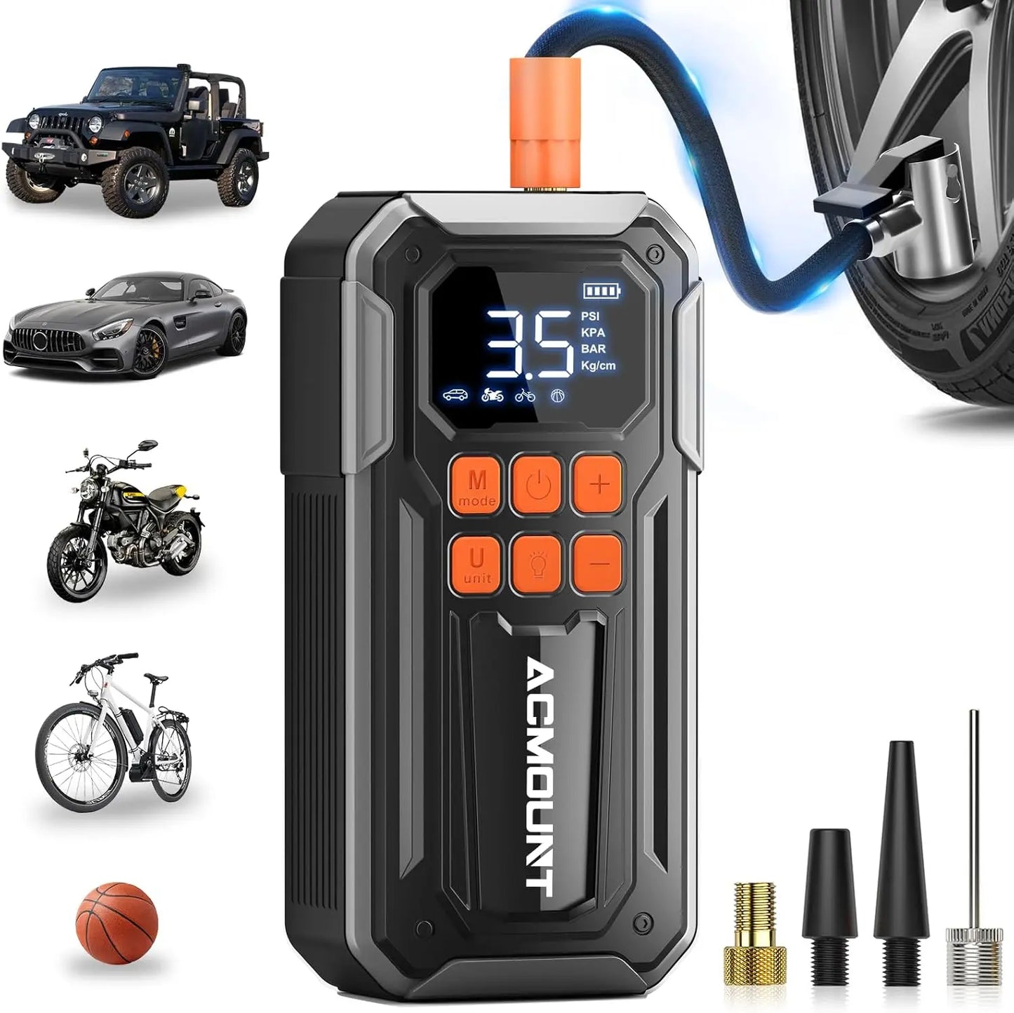 ACMOUNT Tire Inflator Portable Air Compressor, 160PSI 3X Faster Inflator, Tire Pressure Detection & 3 LED Light