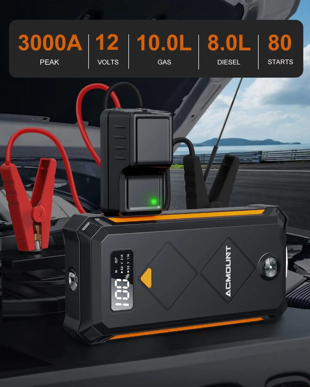 ACMOUNT Jump Starter Power Pack, 3000A Car Battery Booster, Portable Power Bank.