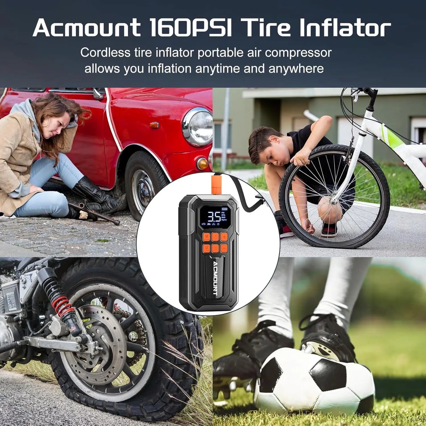 ACMOUNT Tire Inflator Portable Air Compressor, 160PSI 3X Faster Inflator, Tire Pressure Detection & 3 LED Light